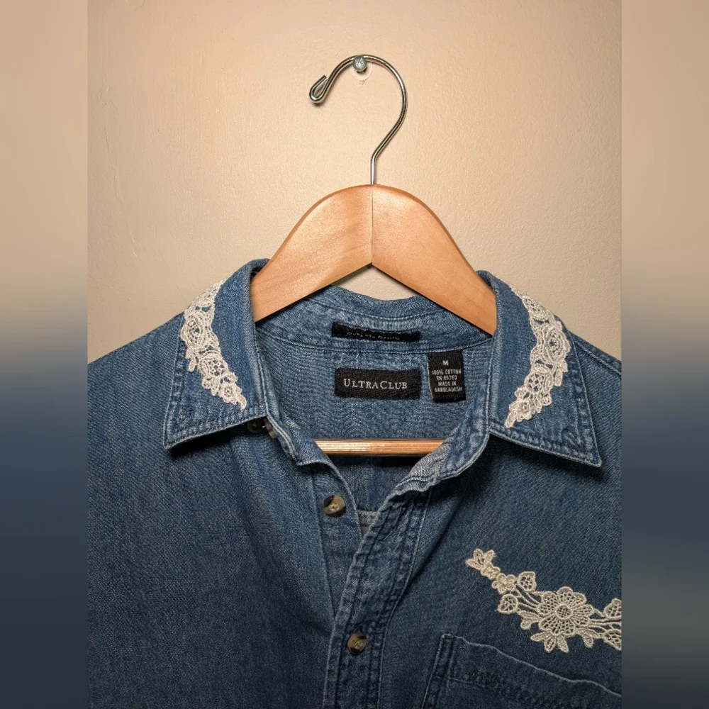 Blue Denim Shirt with Lace embroidery‎ Size M